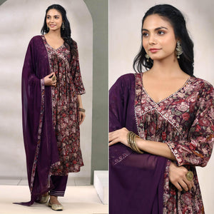 Purple Floral Printed Muslin Anarkali Suit - Peachmode