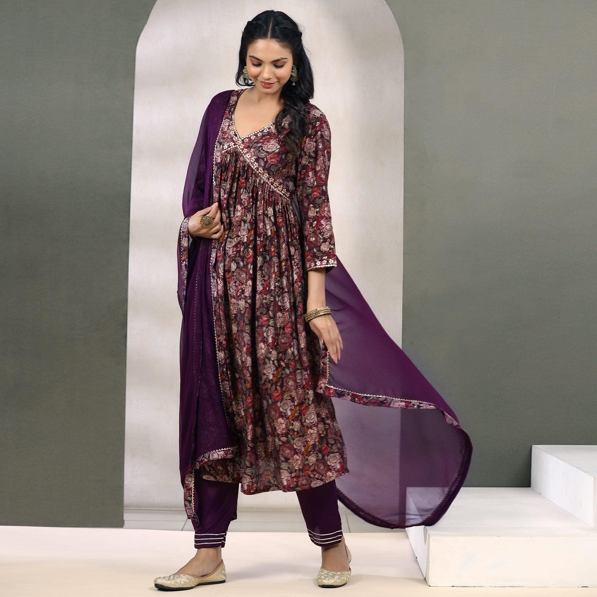 Purple Floral Printed Muslin Anarkali Suit - Peachmode