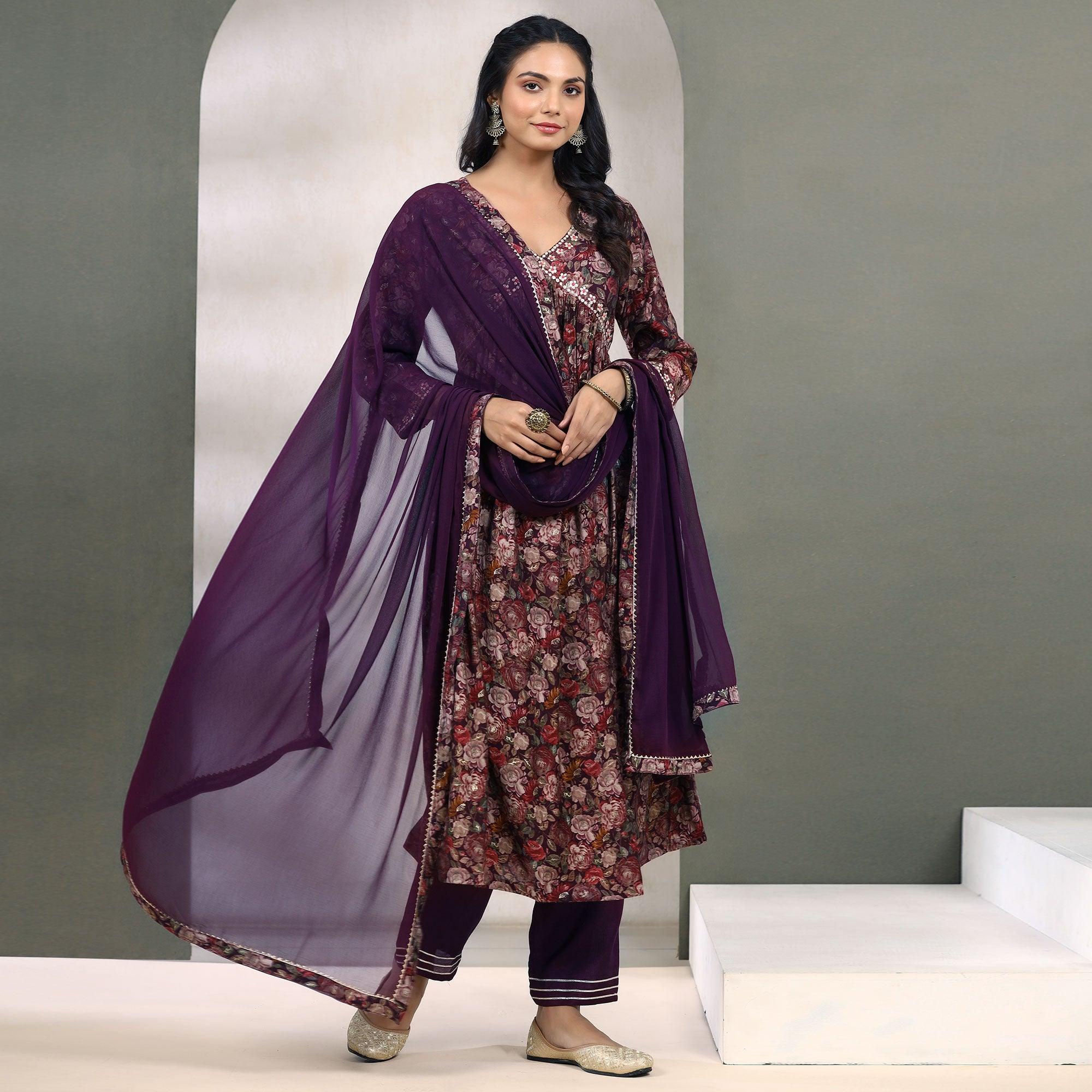 Purple Floral Printed Muslin Anarkali Suit - Peachmode