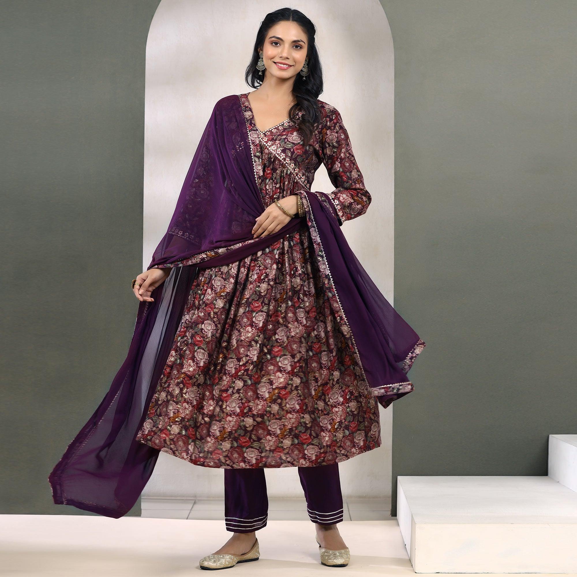 Purple Floral Printed Muslin Anarkali Suit - Peachmode