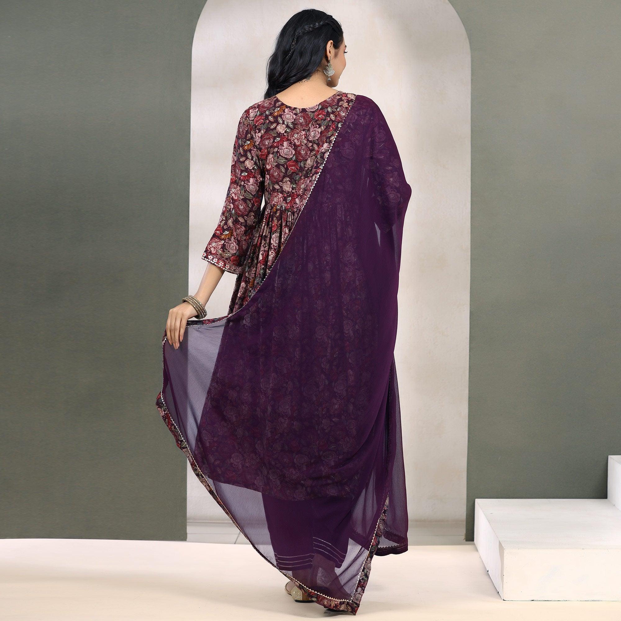 Purple Floral Printed Muslin Anarkali Suit - Peachmode