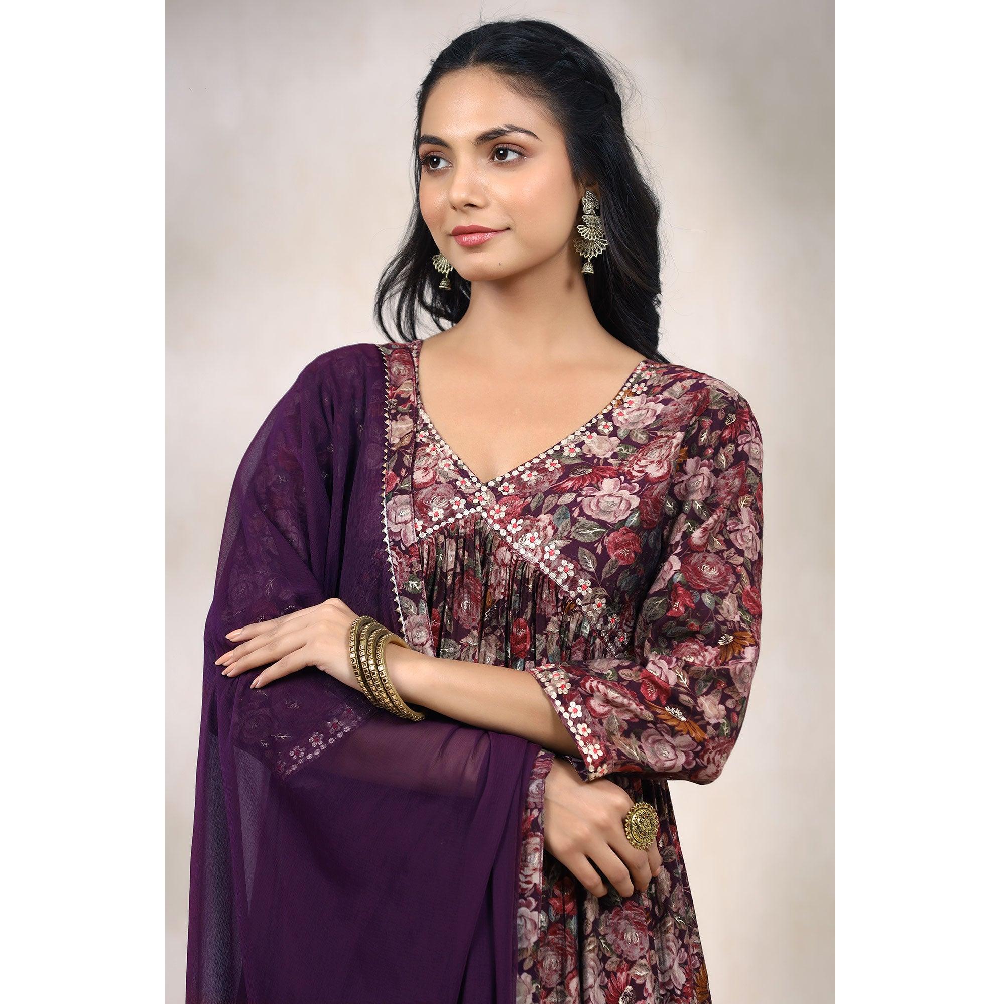 Purple Floral Printed Muslin Anarkali Suit - Peachmode