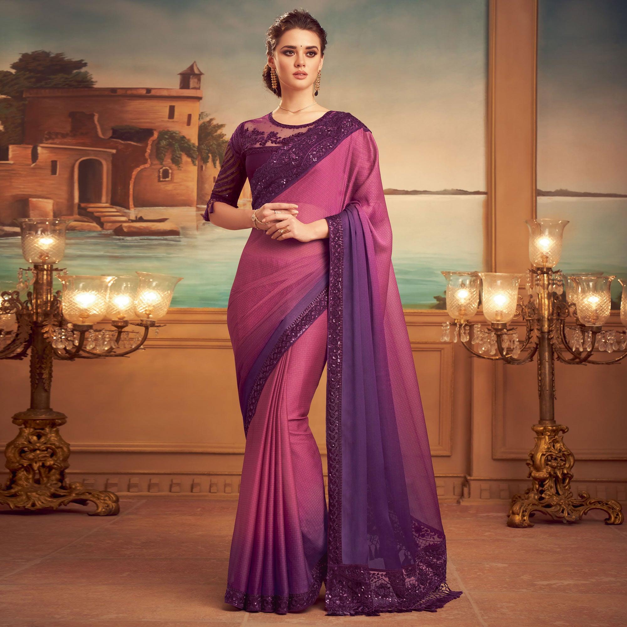 Purple Floral Sequence Embroidered Art Silk Saree - Peachmode