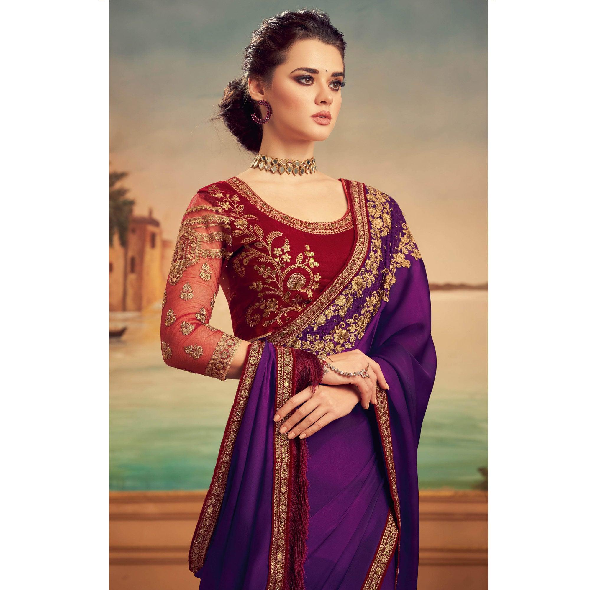 Purple Floral Sequence Embroidered Art Silk Saree - Peachmode