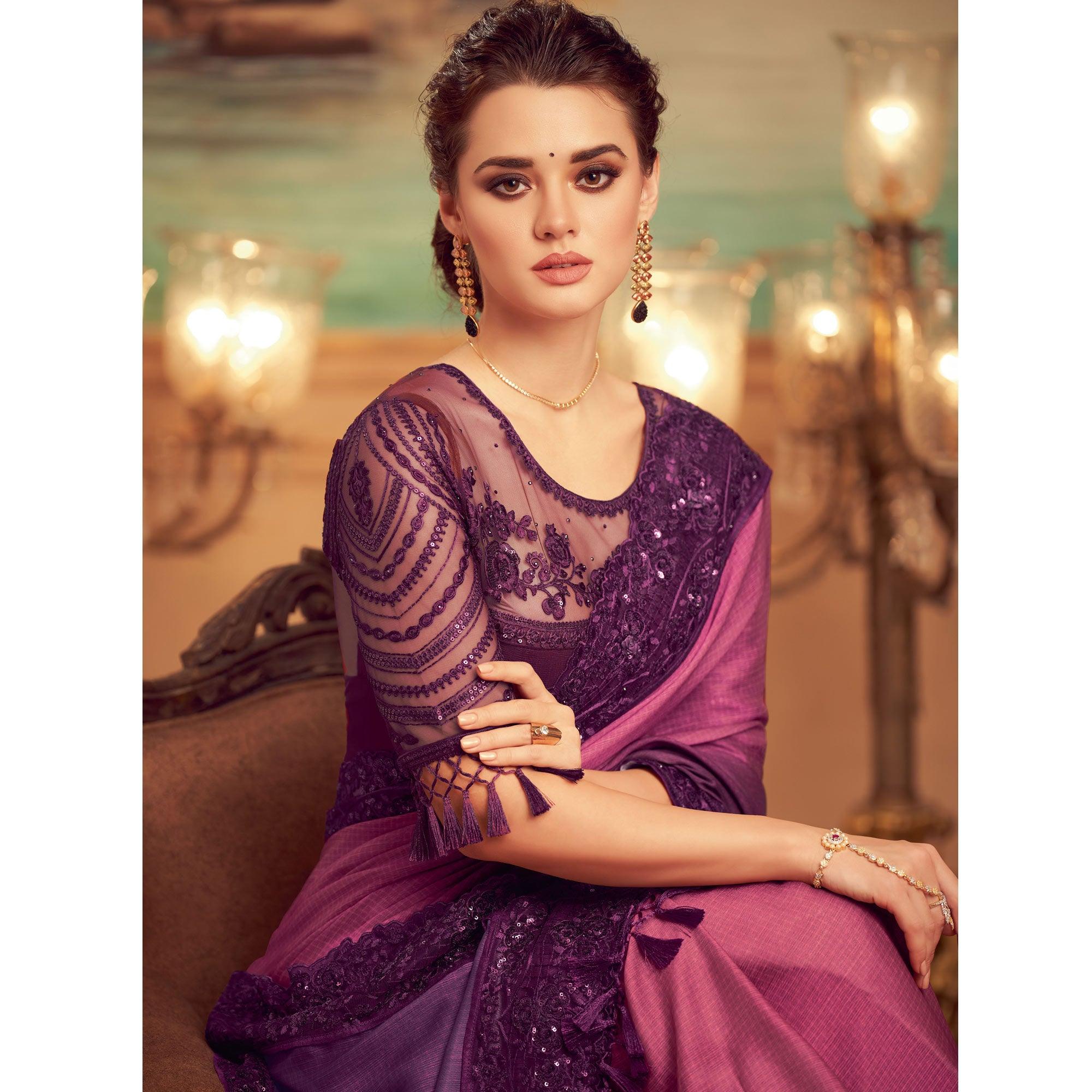 Purple Floral Sequence Embroidered Art Silk Saree - Peachmode
