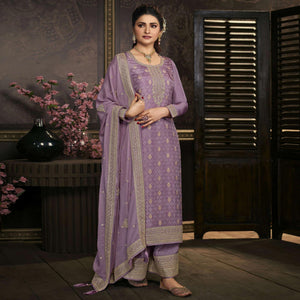Purple Floral Sequence Embroidered Dola Silk Palazzo Suit - Peachmode