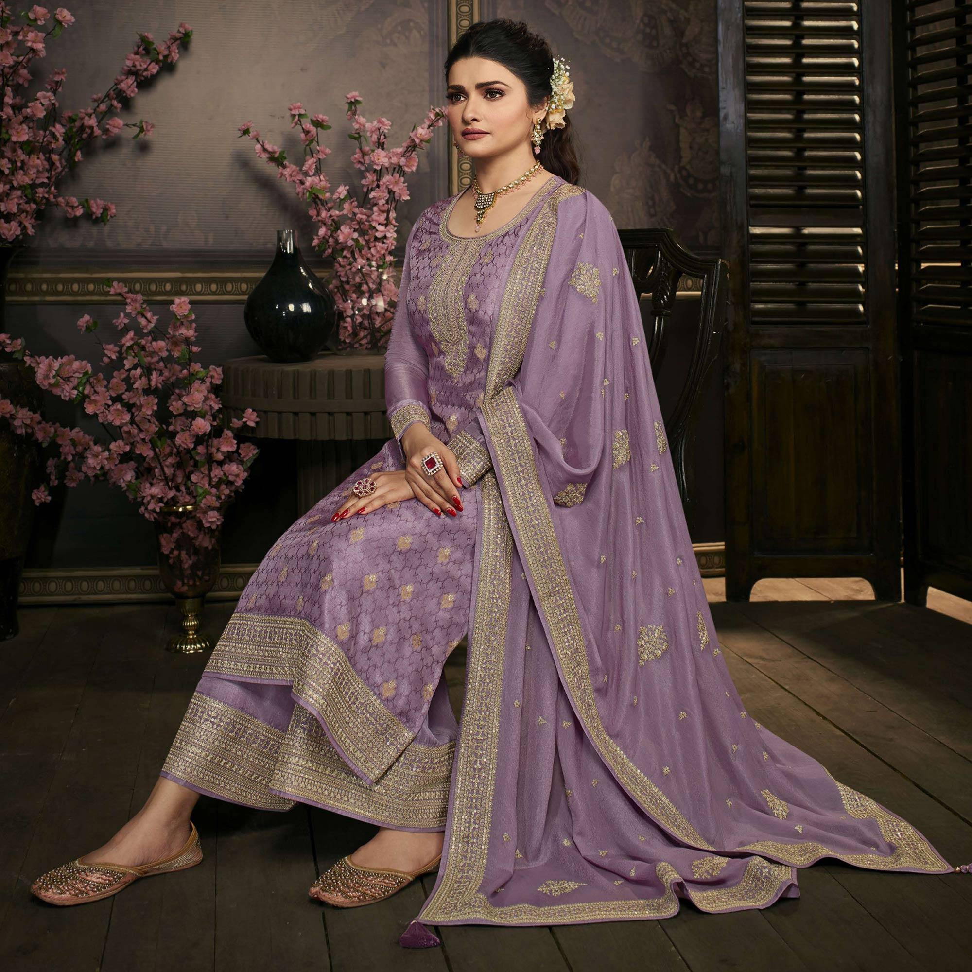 Purple Floral Sequence Embroidered Dola Silk Palazzo Suit - Peachmode