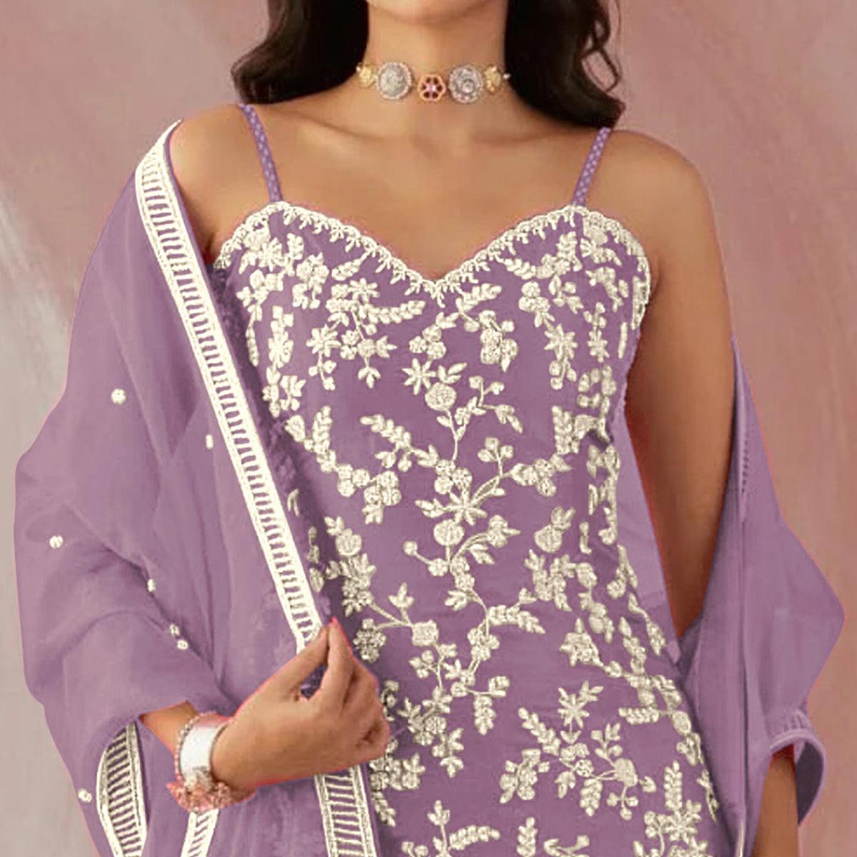 Purple Floral Sequence Embroidered Georgette Sharara Suit - Peachmode