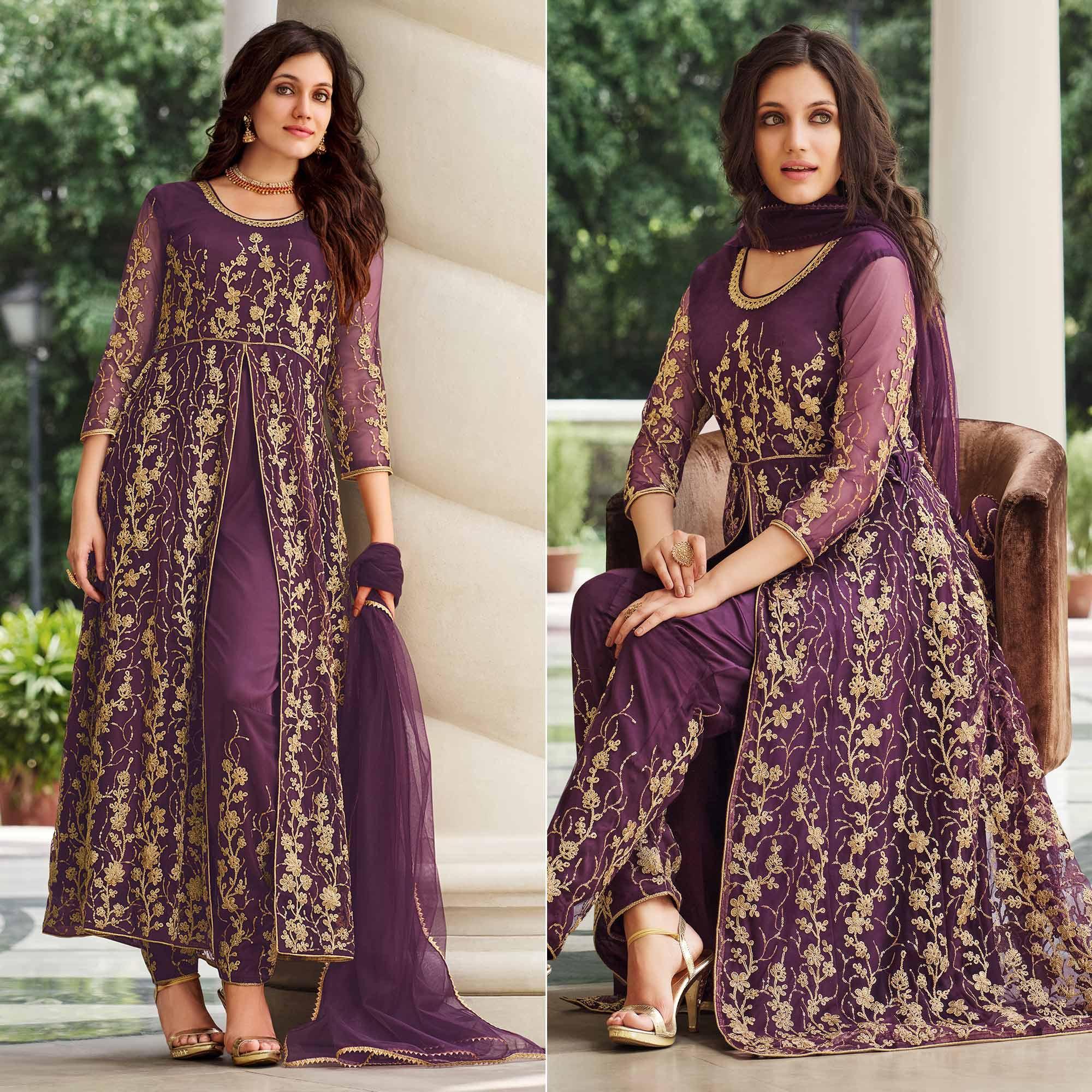 Purple Floral Sequence Embroidered Net Suit - Peachmode