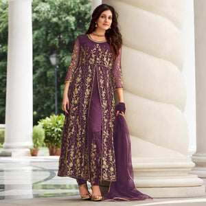 Purple Floral Sequence Embroidered Net Suit - Peachmode