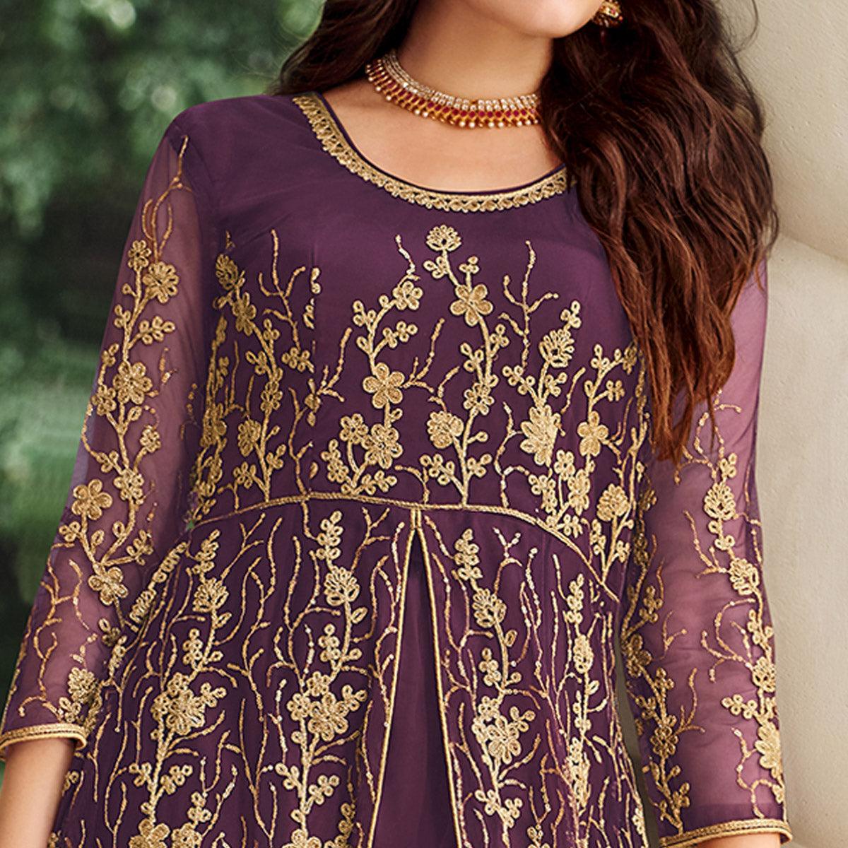 Purple Floral Sequence Embroidered Net Suit - Peachmode