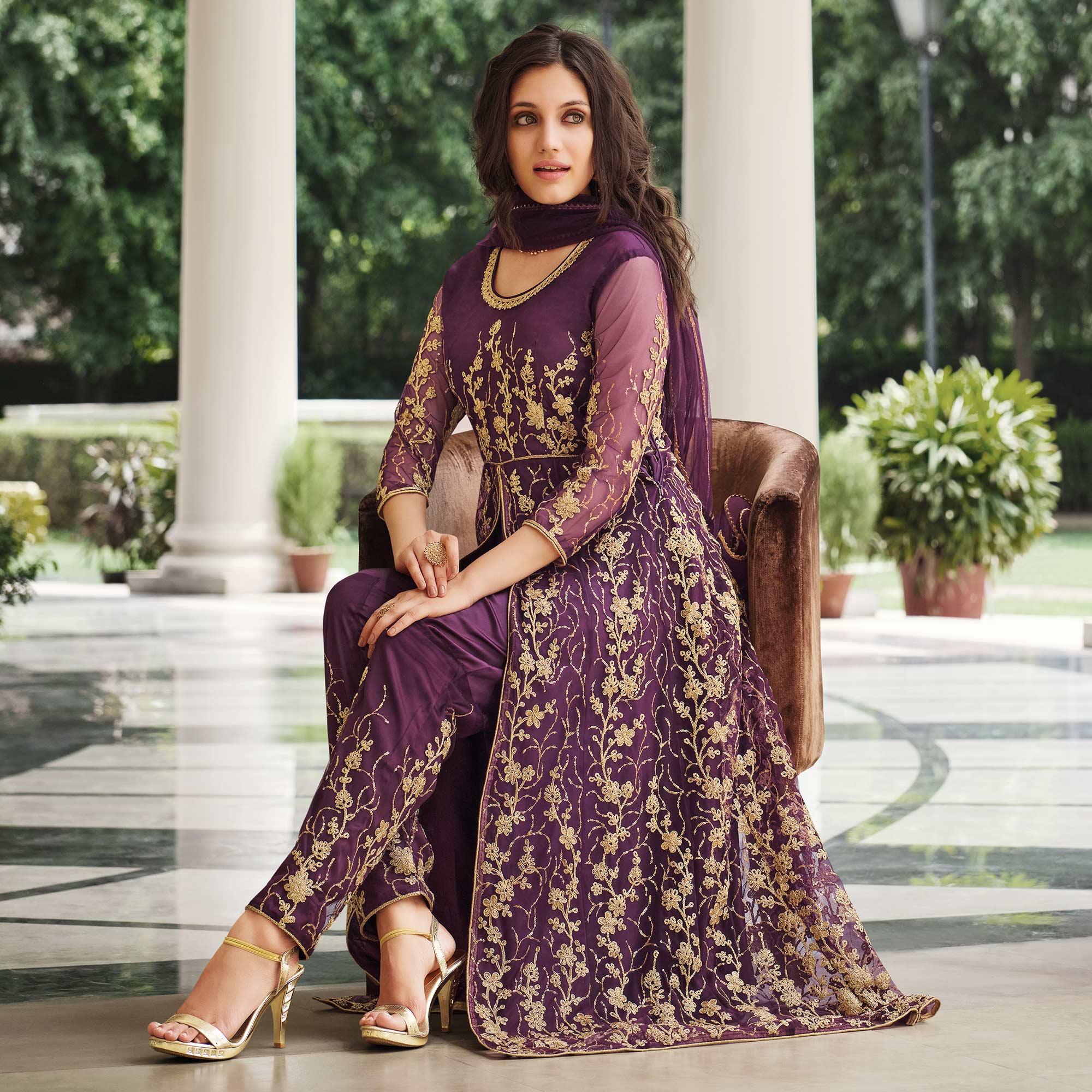 Purple Floral Sequence Embroidered Net Suit - Peachmode