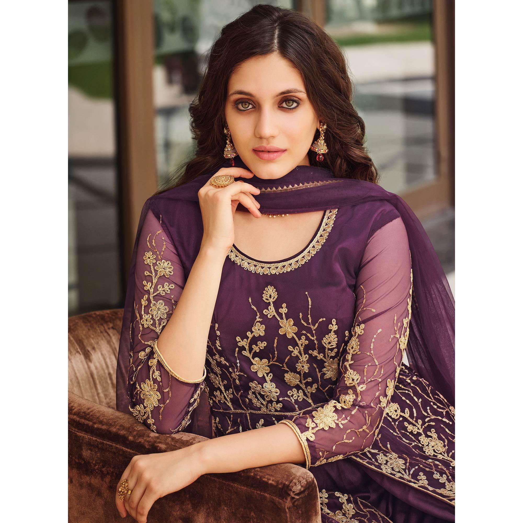 Purple Floral Sequence Embroidered Net Suit - Peachmode