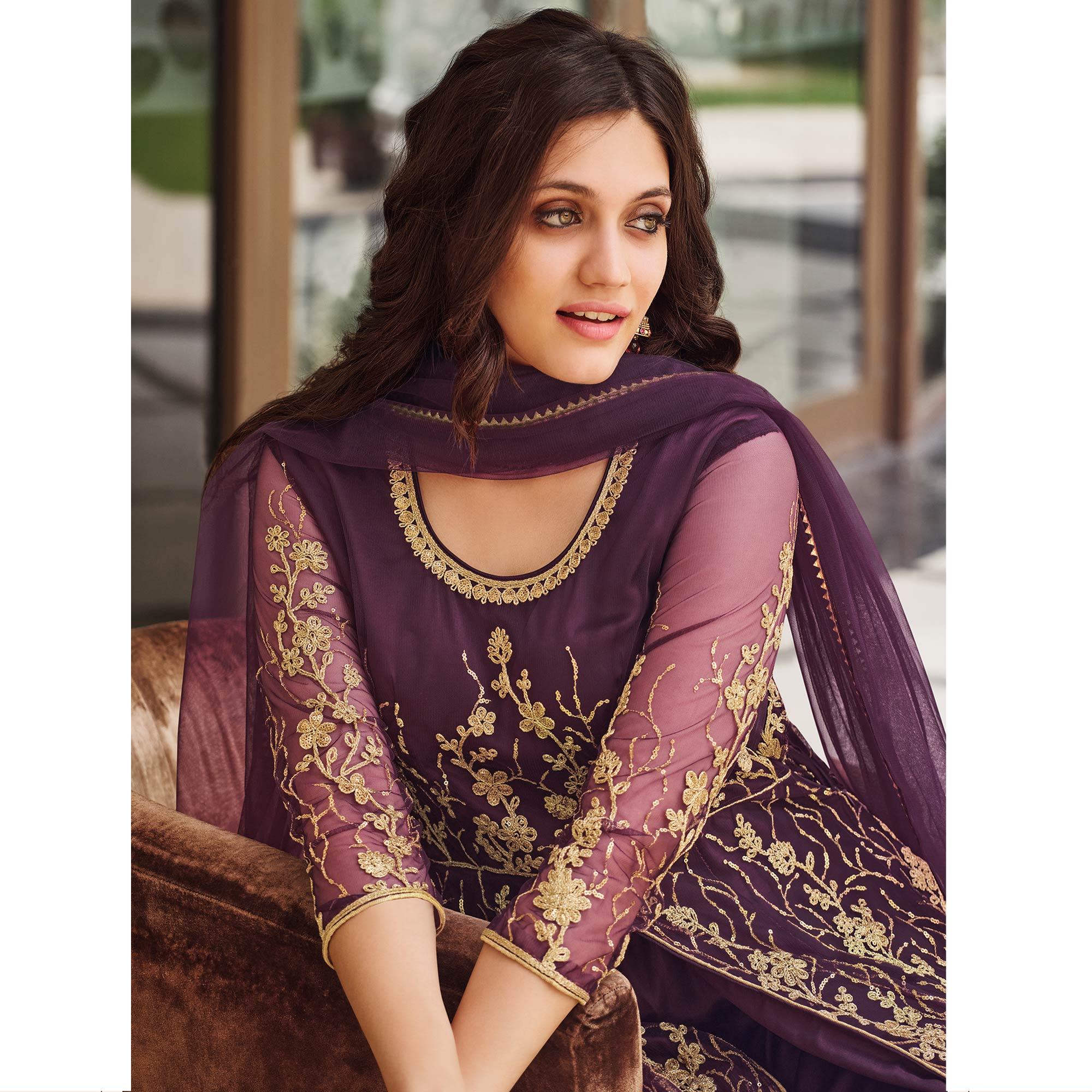 Purple Floral Sequence Embroidered Net Suit - Peachmode