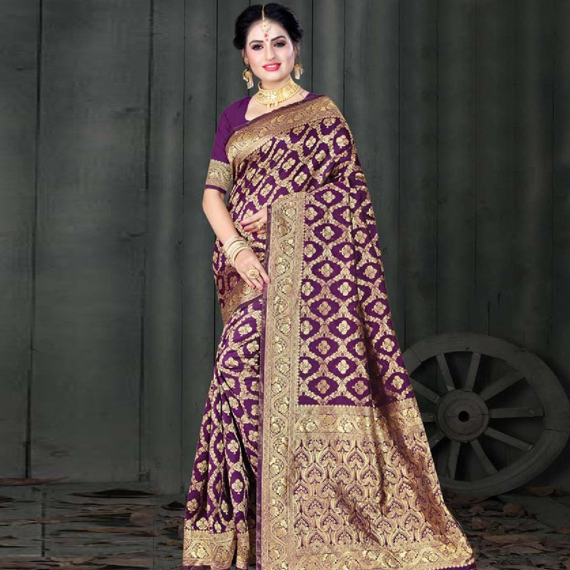 Purple Floral Woven Art Silk Saree - Peachmode