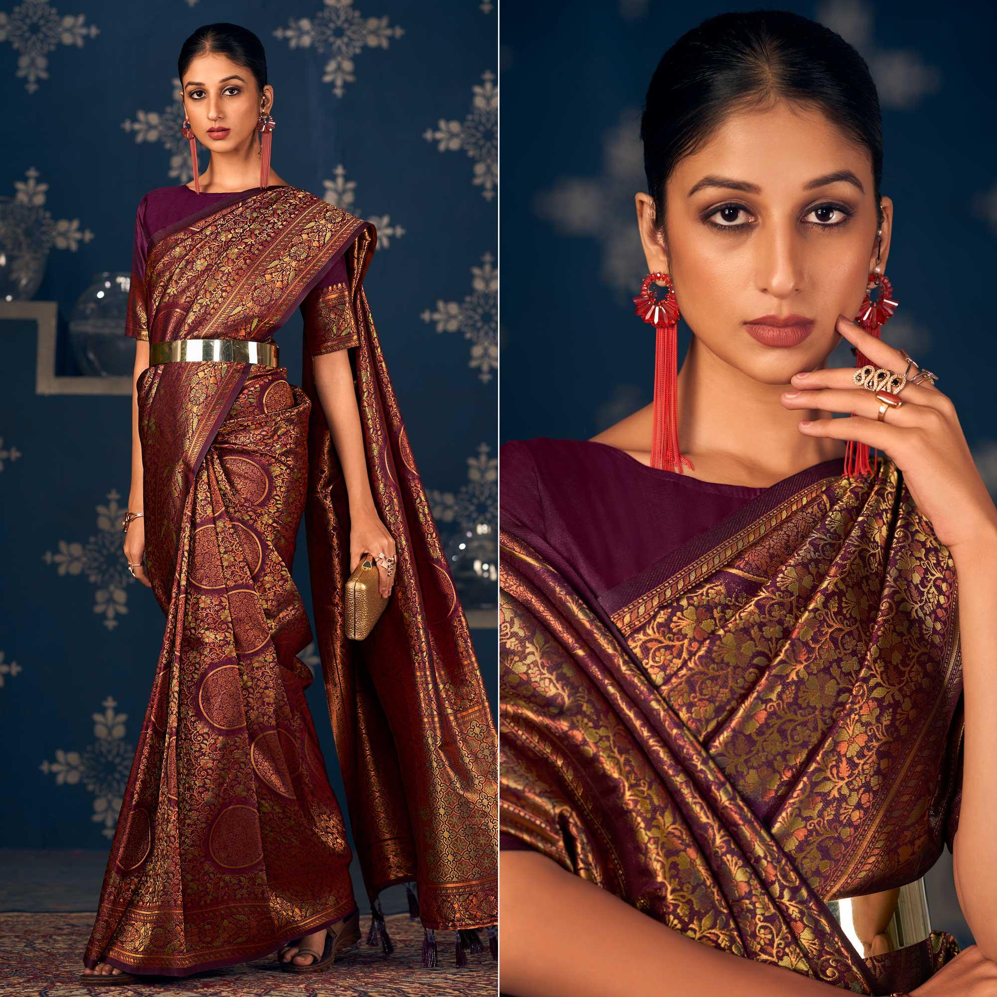 Purple Floral Woven Art Silk Saree - Peachmode