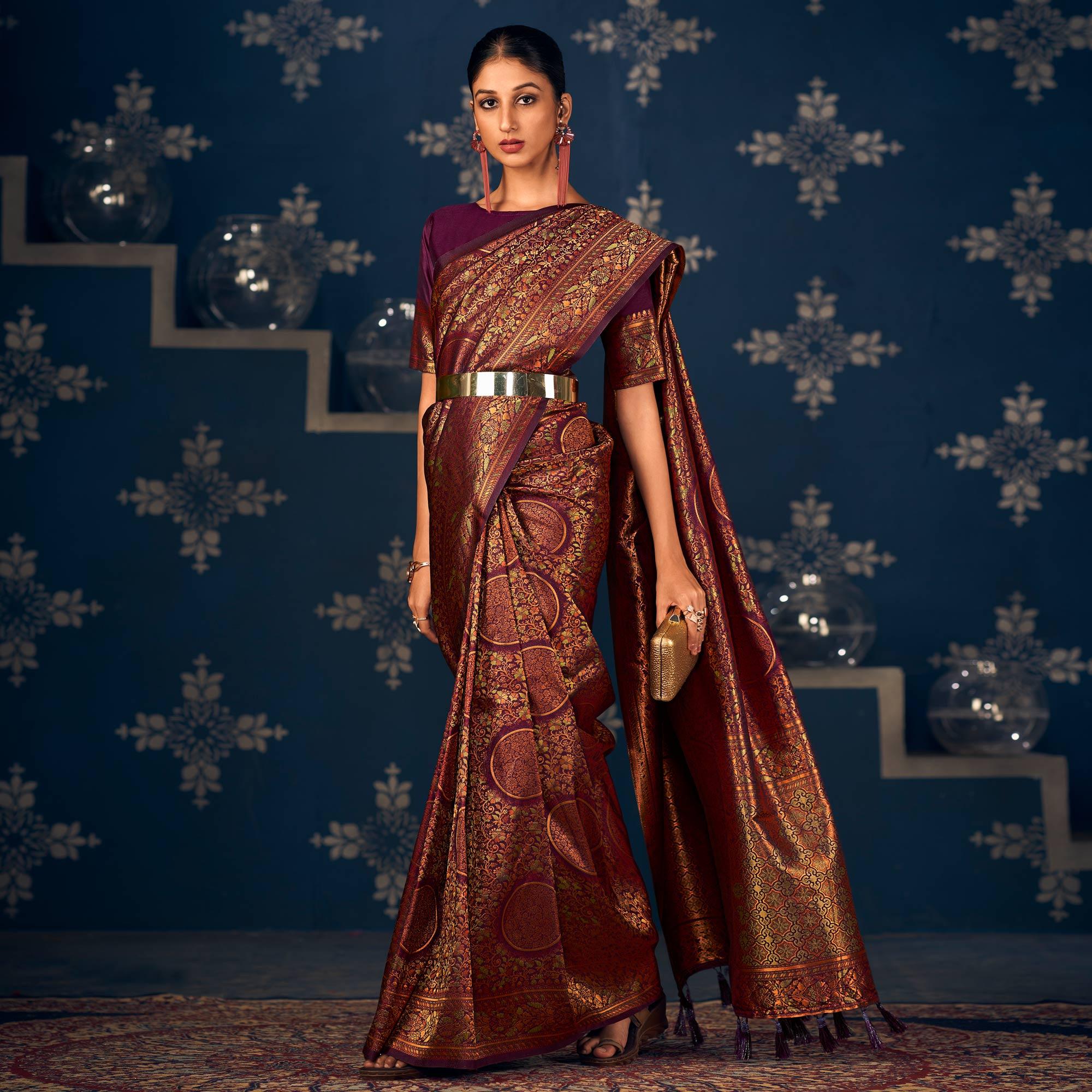 Purple Floral Woven Art Silk Saree - Peachmode