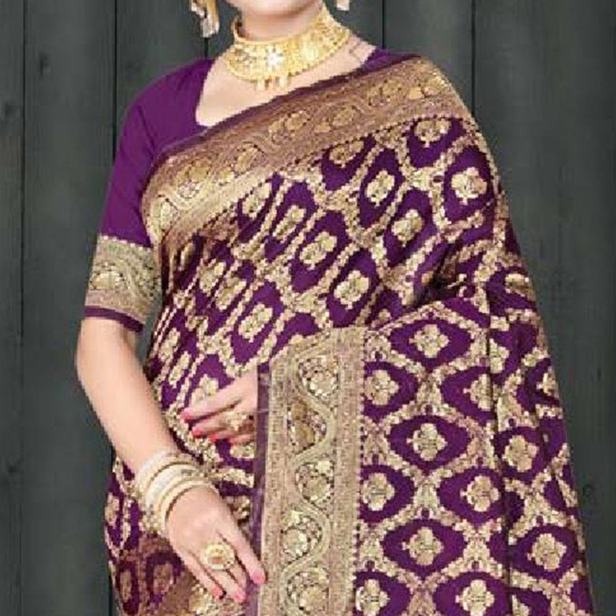 Purple Floral Woven Art Silk Saree - Peachmode