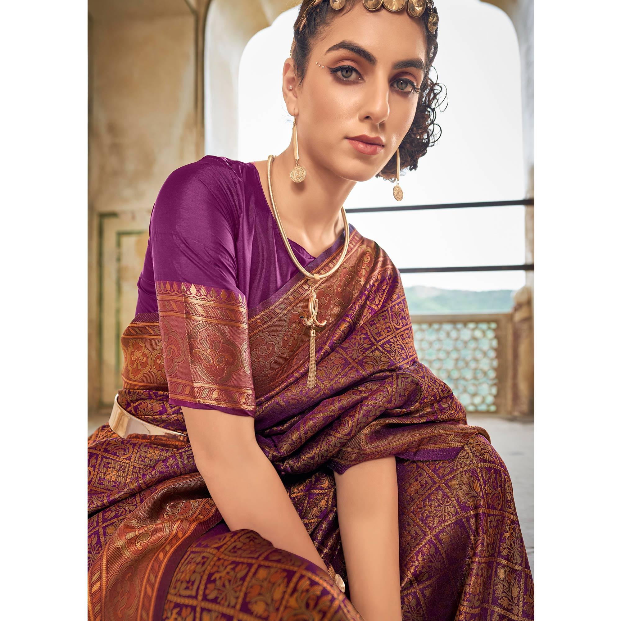 Purple Floral Woven Art Silk Saree - Peachmode