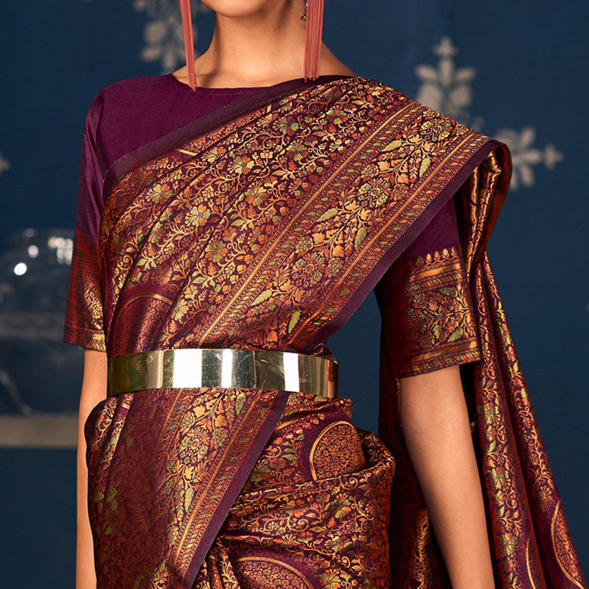 Purple Floral Woven Art Silk Saree - Peachmode