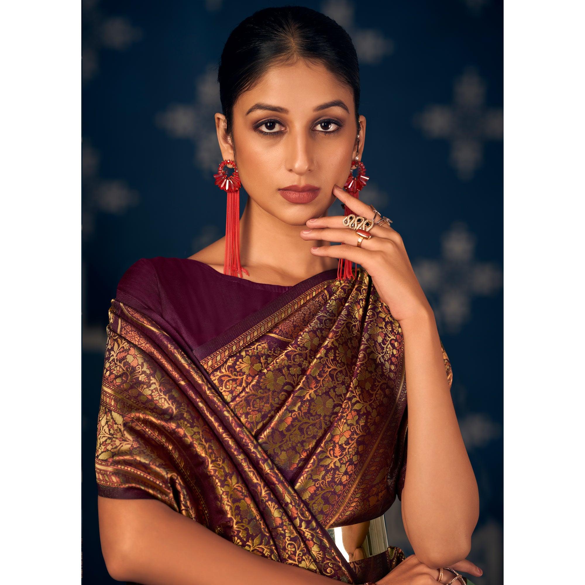 Purple Floral Woven Art Silk Saree - Peachmode