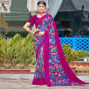 Purple Geometric Printed Chiffon Saree - Peachmode