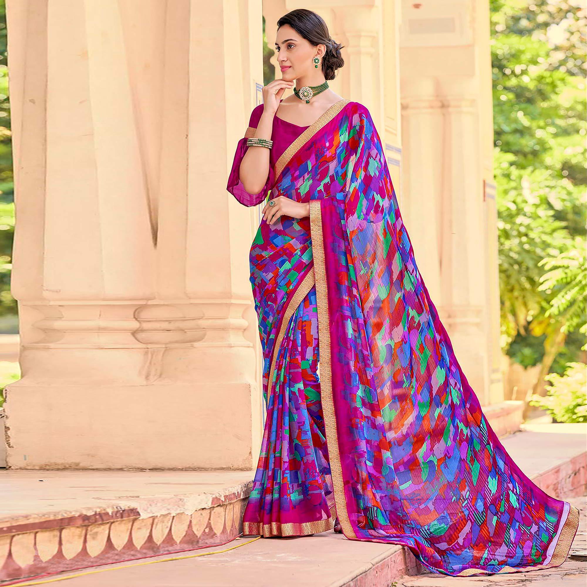 Purple Geometric Printed Chiffon Saree - Peachmode