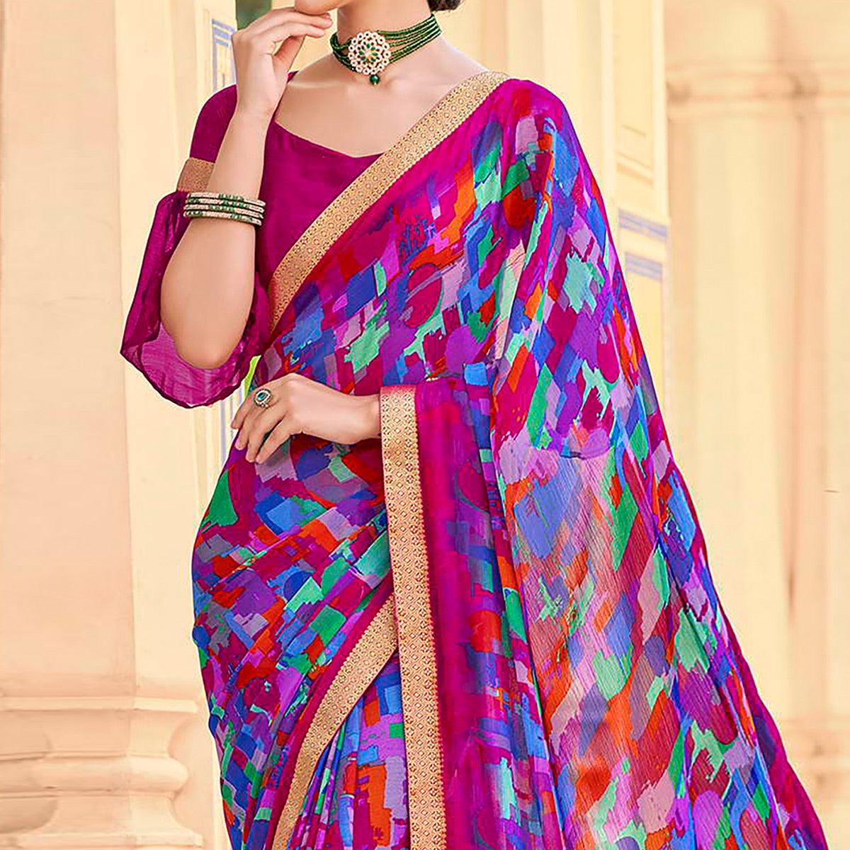 Purple Geometric Printed Chiffon Saree - Peachmode