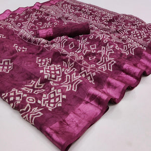 Purple Geometric Printed Linen Saree - Peachmode