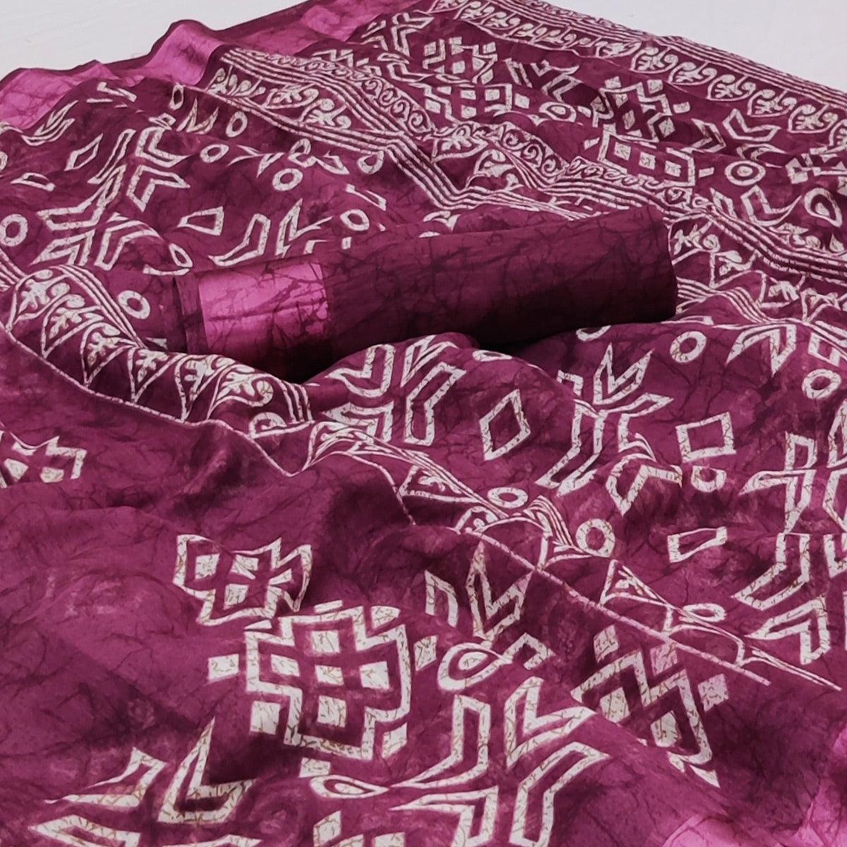 Purple Geometric Printed Linen Saree - Peachmode