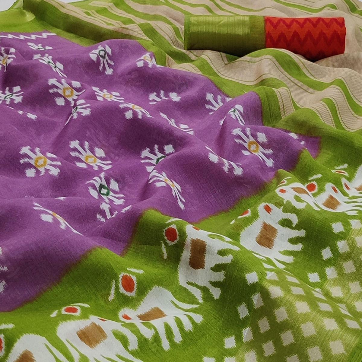 Purple-Green Casual Wear Printed Cotton Saree With Jari Border - Peachmode