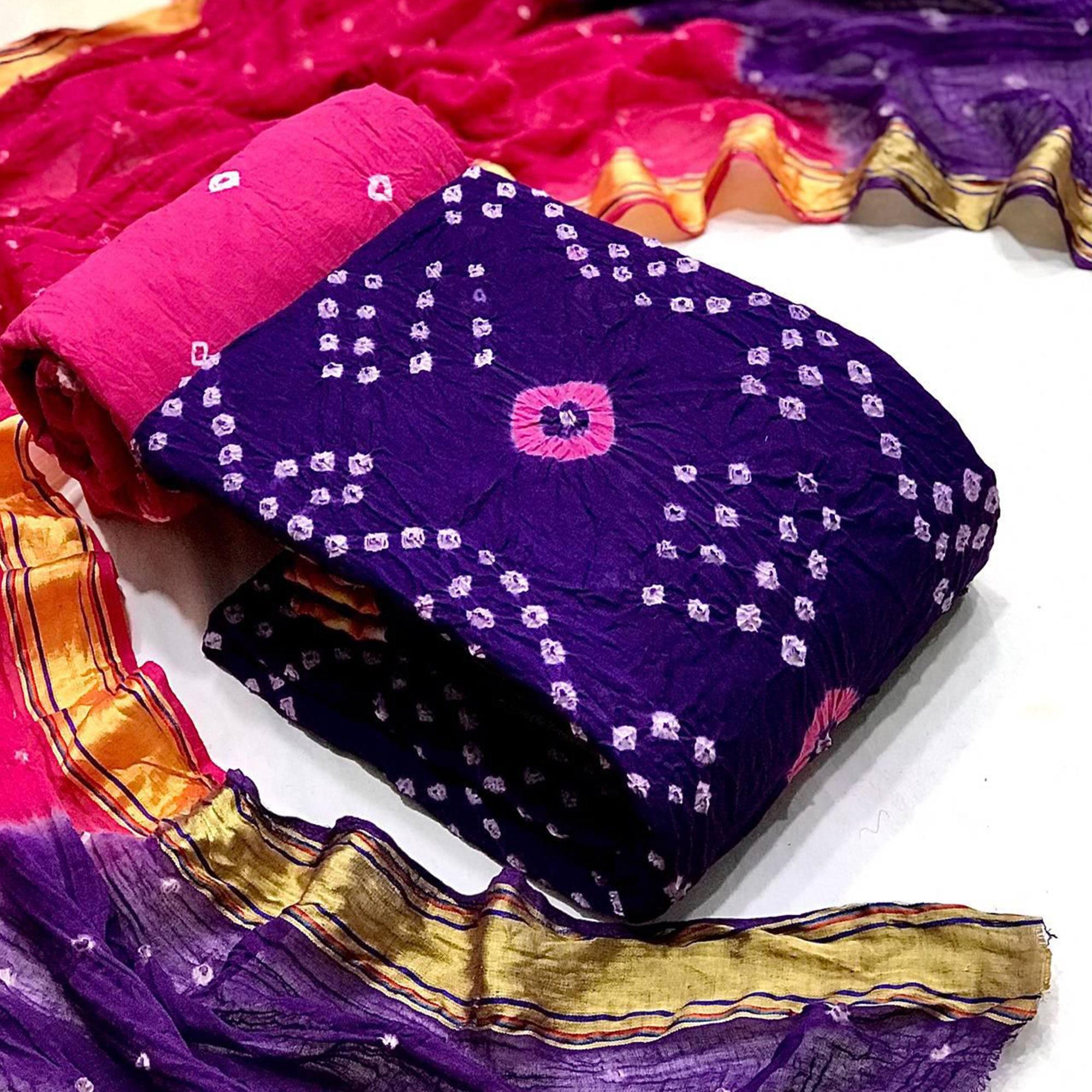 Purple Hand Bandhani Printed Pure Cotton Dress Material - Peachmode