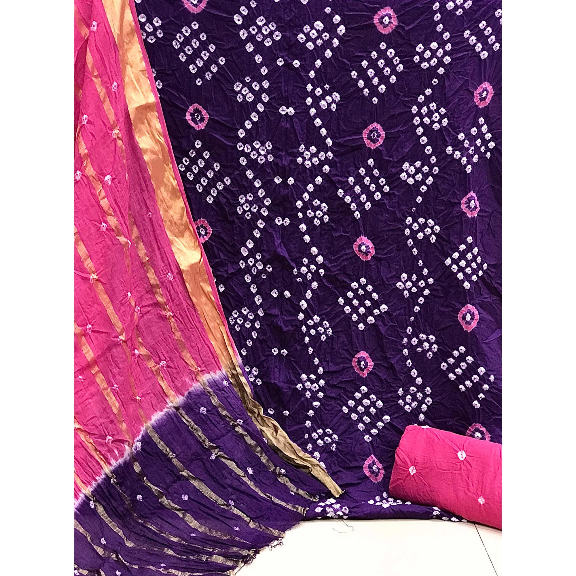 Purple Hand Bandhani Printed Pure Cotton Dress Material - Peachmode