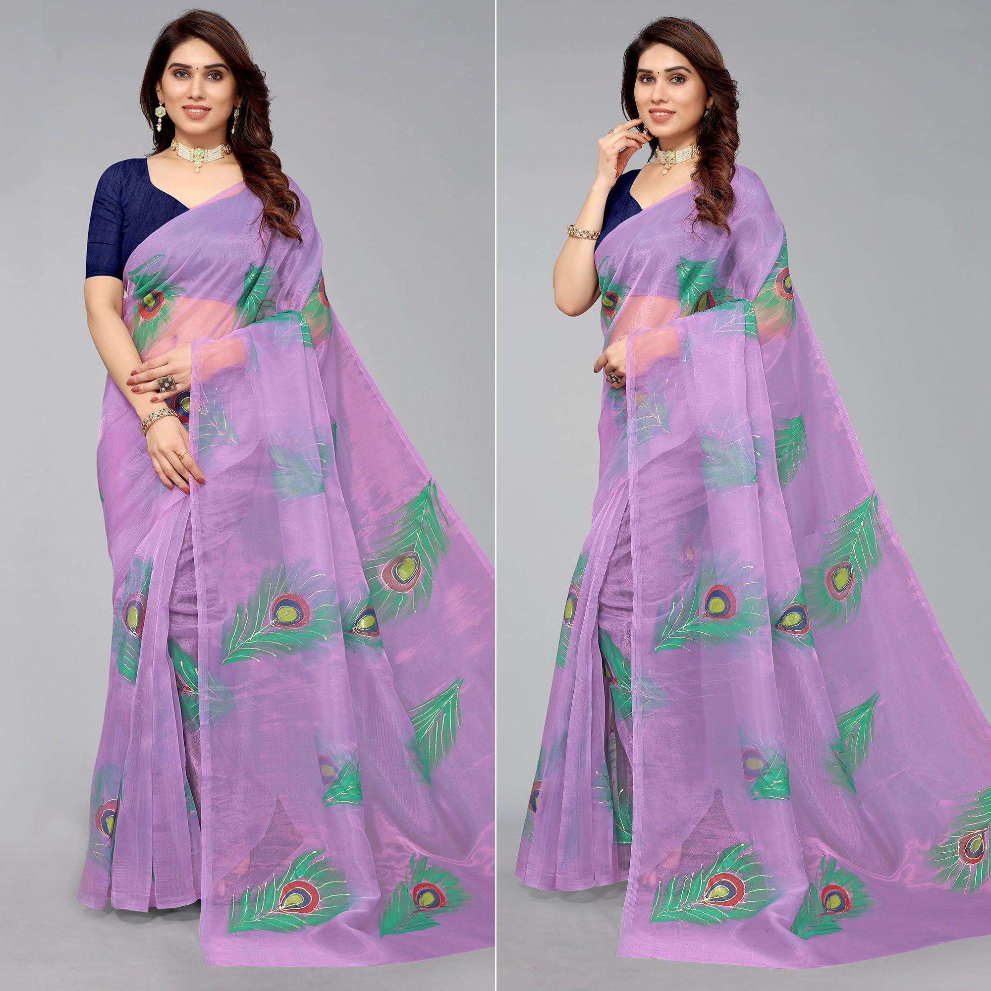 Purple Hand Printed Organza Saree - Peachmode