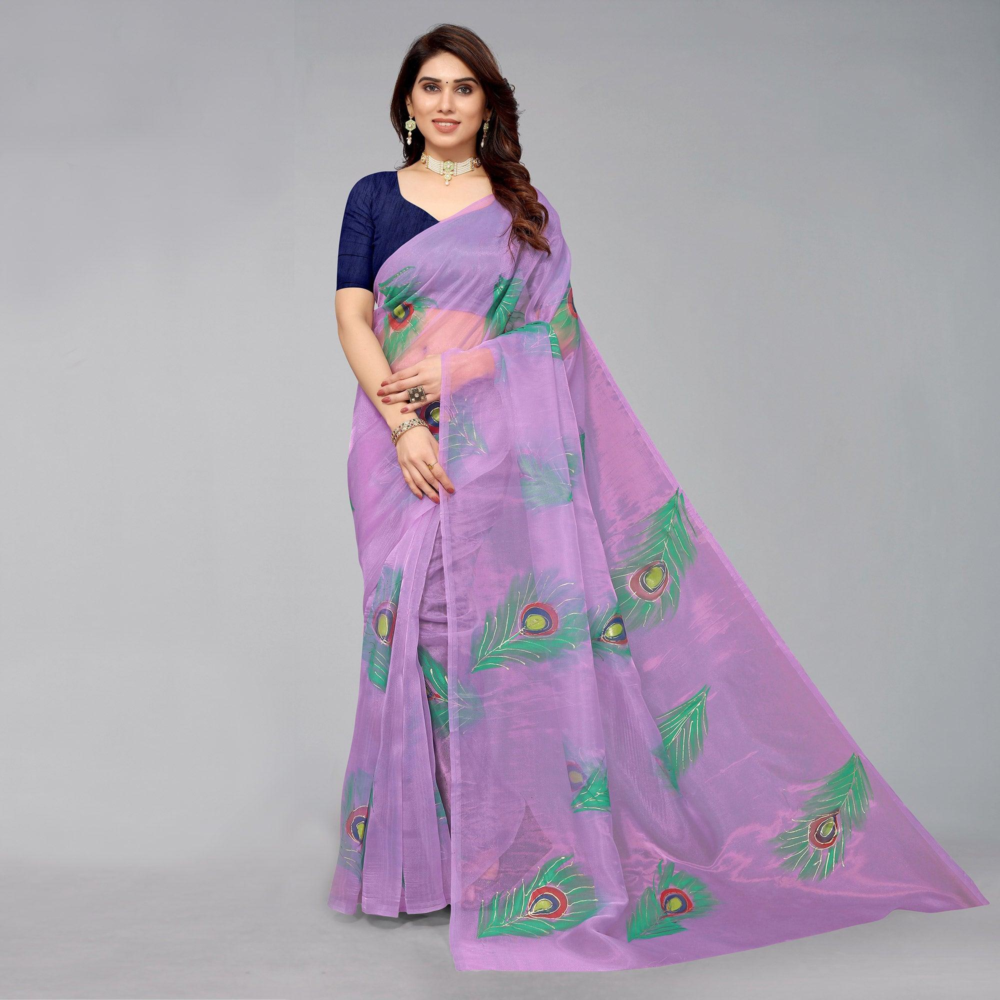 Purple Hand Printed Organza Saree - Peachmode