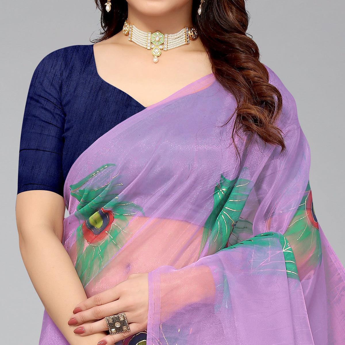 Purple Hand Printed Organza Saree - Peachmode