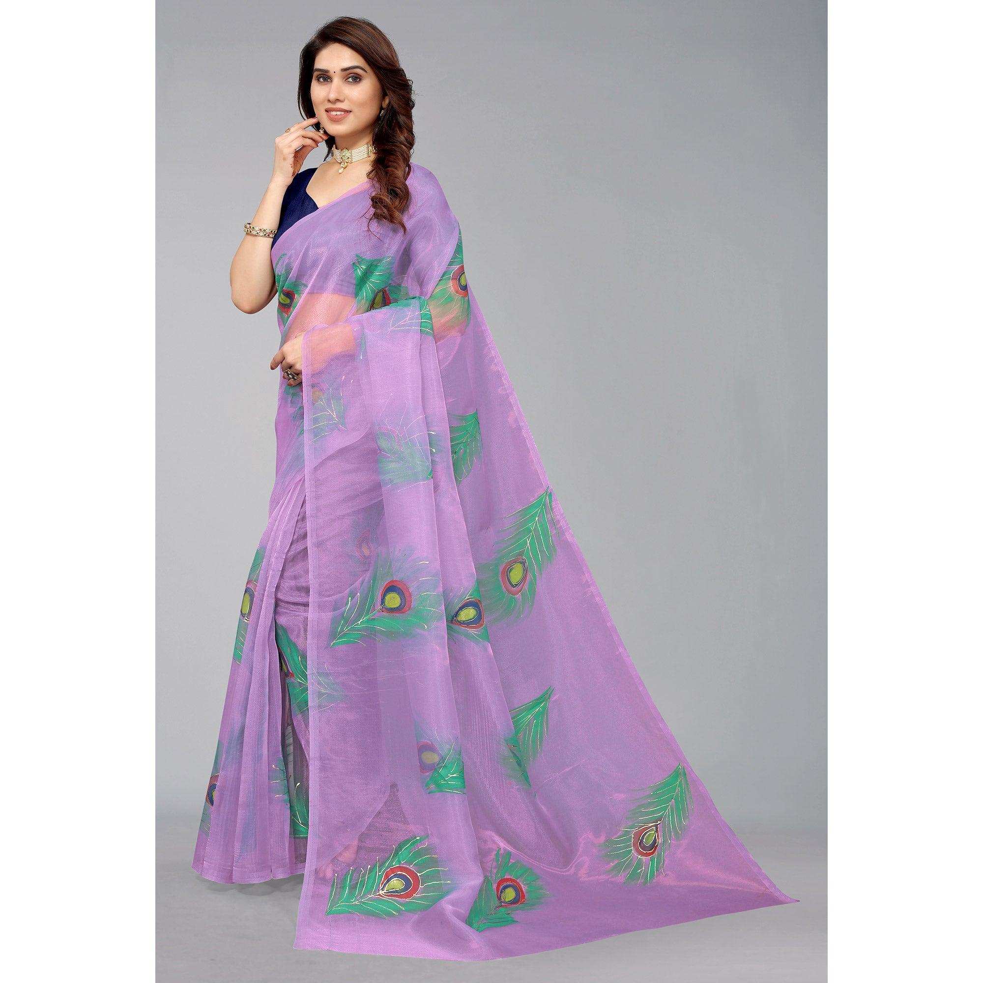 Purple Hand Printed Organza Saree - Peachmode