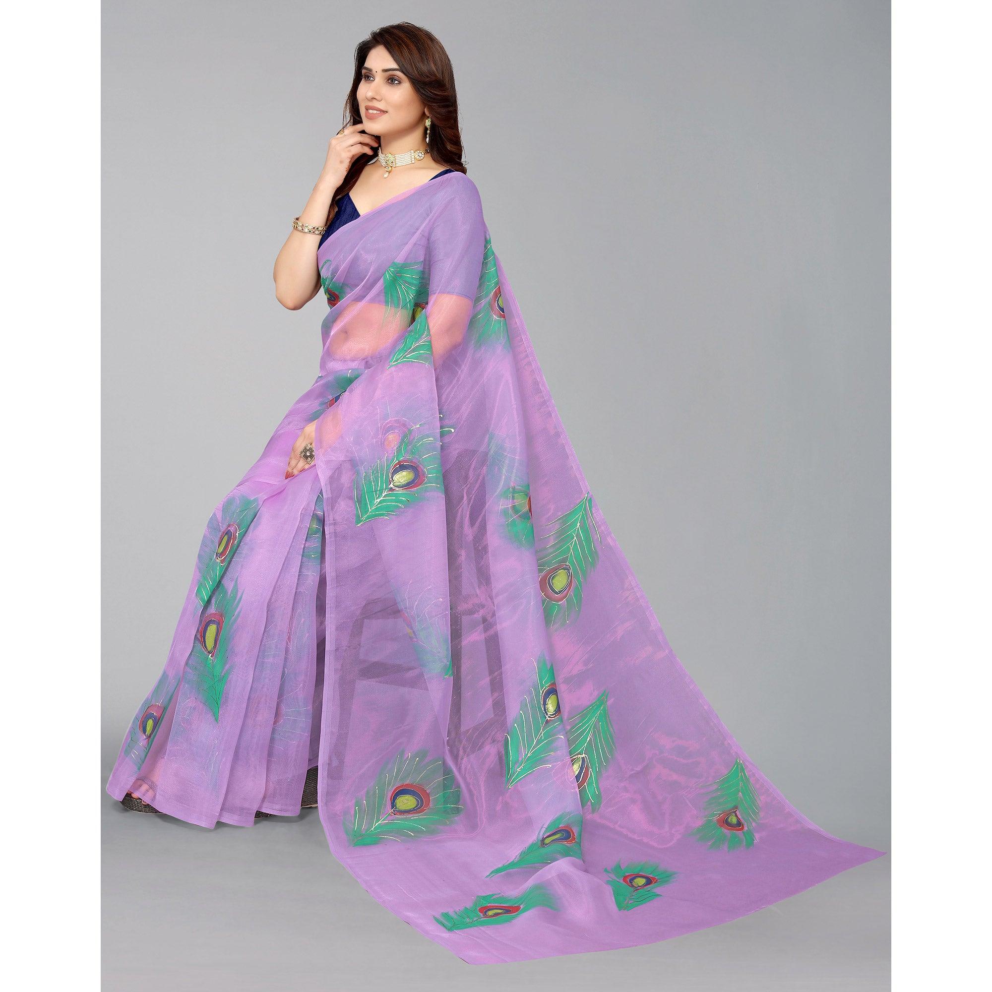Purple Hand Printed Organza Saree - Peachmode