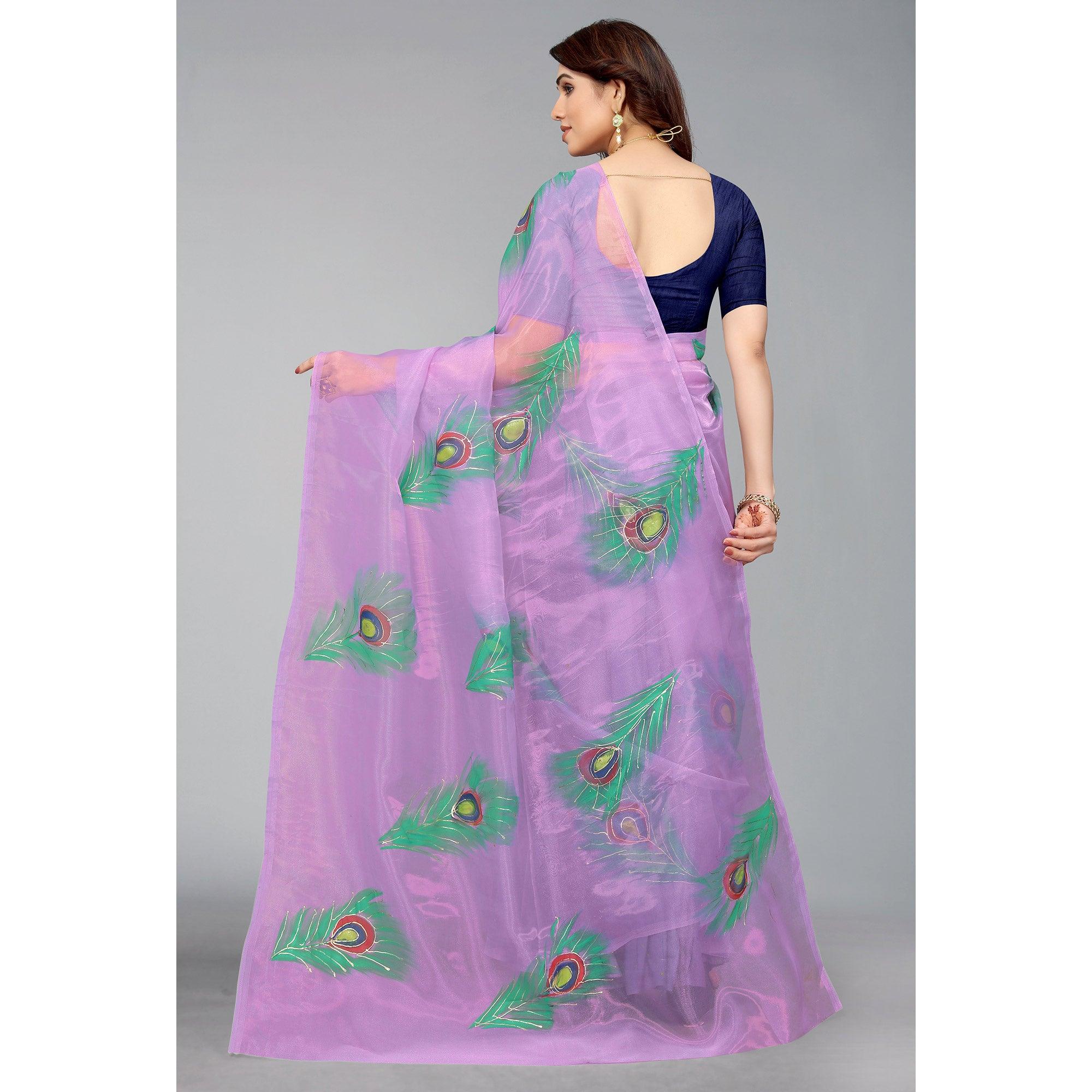 Purple Hand Printed Organza Saree - Peachmode