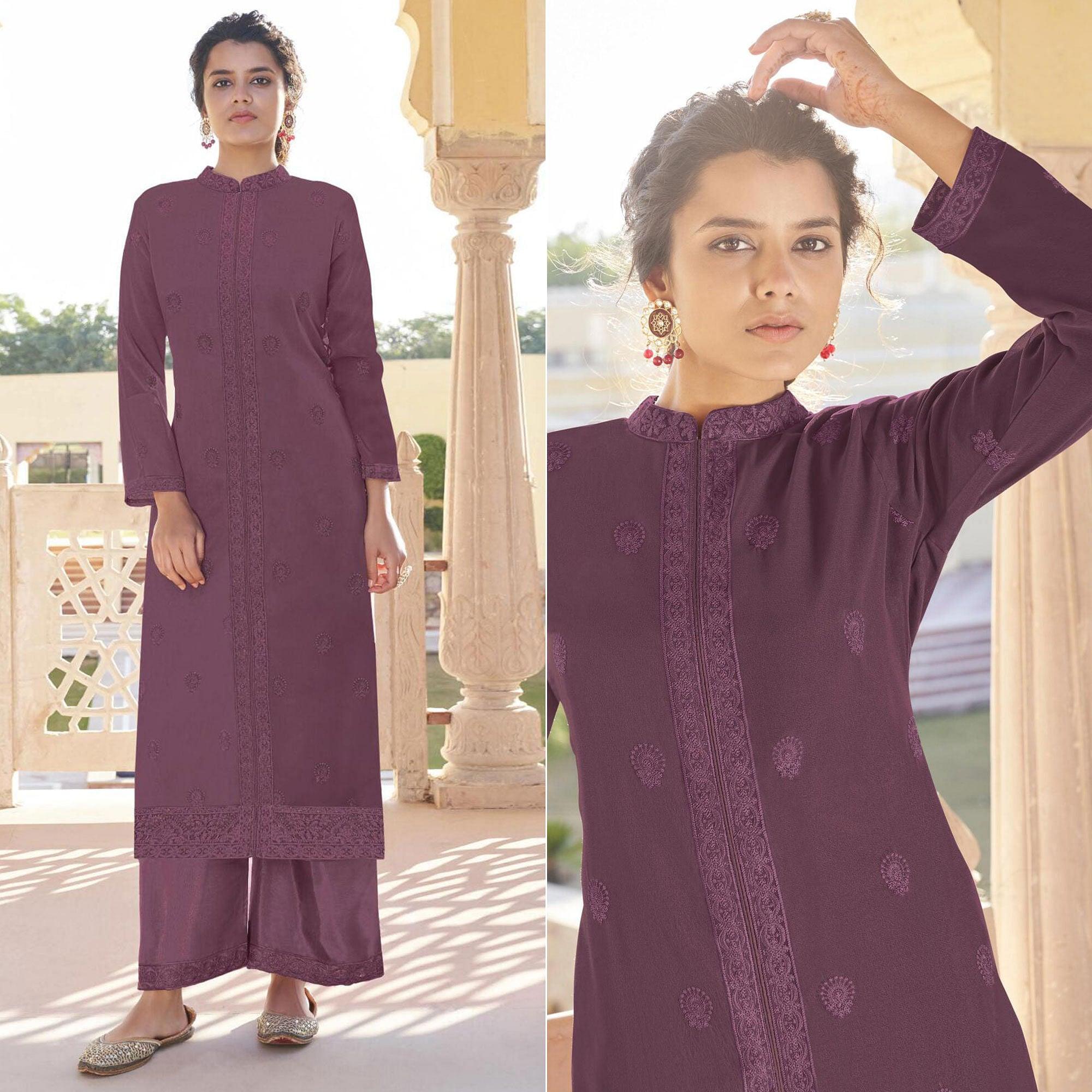 Purple Lucknowi Embroidered Georgette Kurti Palazzo Set - Peachmode