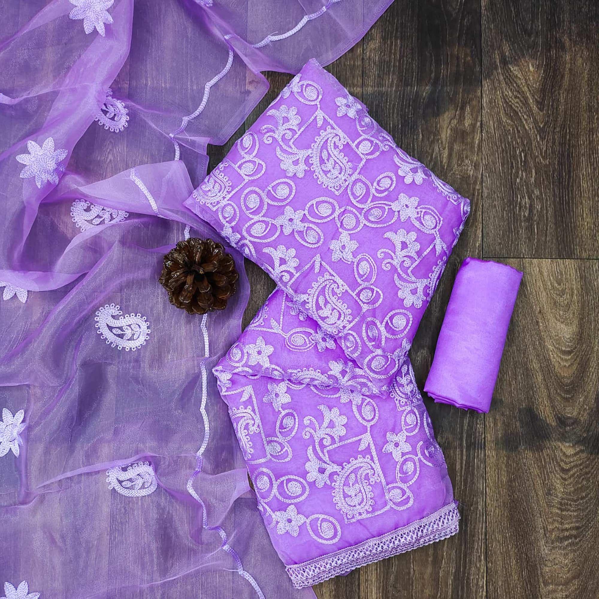 Purple Lucknowi Embroidered Organza Dress Material - Peachmode