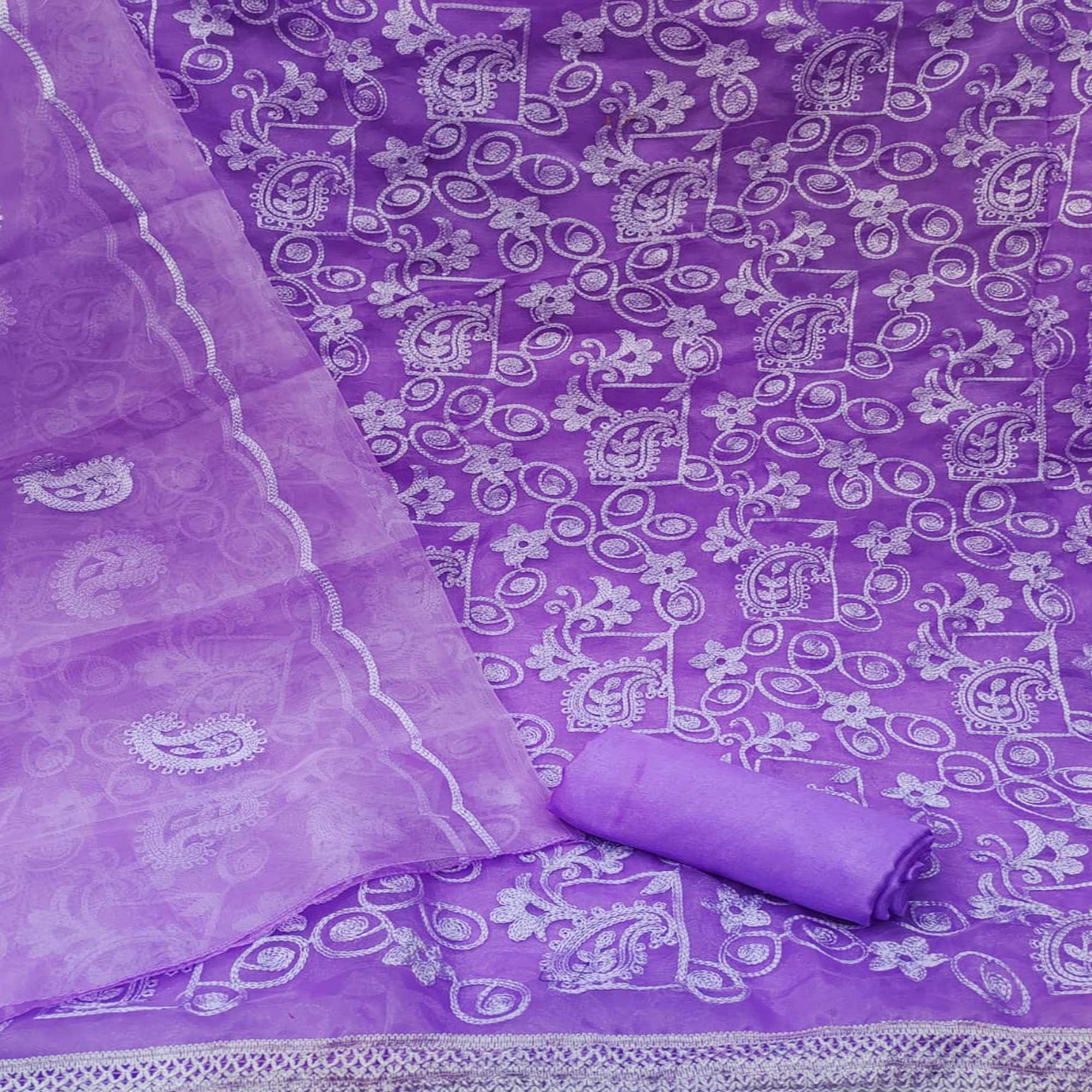 Purple Lucknowi Embroidered Organza Dress Material - Peachmode