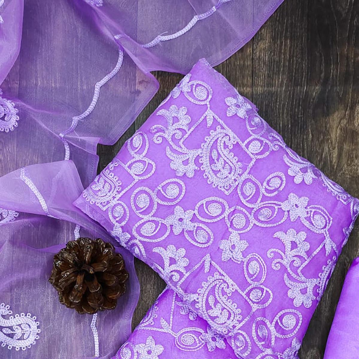 Purple Lucknowi Embroidered Organza Dress Material - Peachmode
