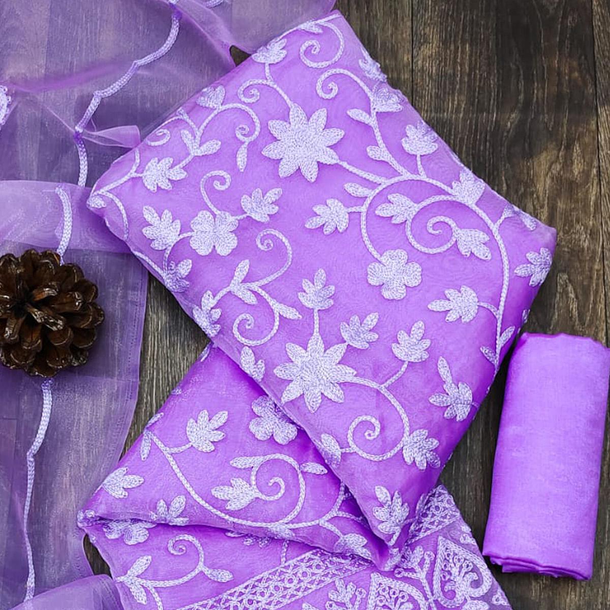 Purple Lucknowi Embroidered Organza Dress Material - Peachmode