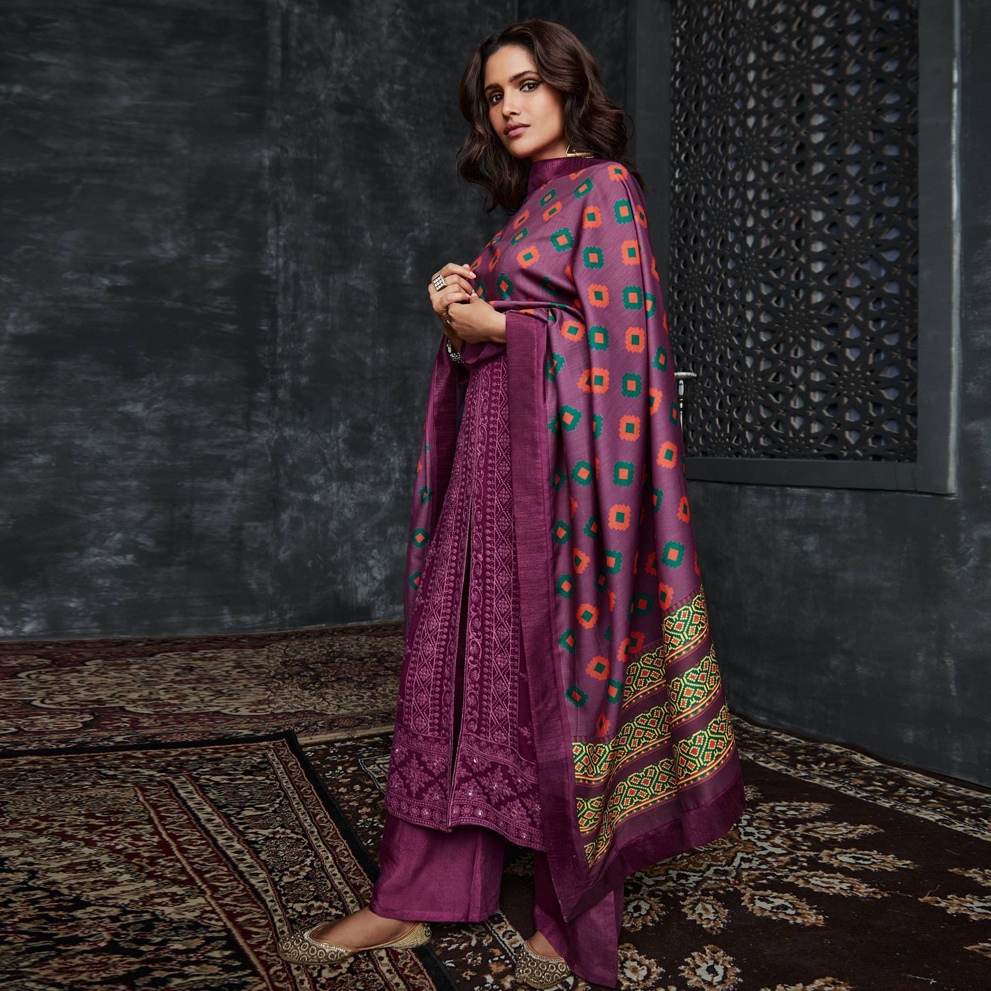 Purple Lucknowi Georgette Palazzo Suit - Peachmode