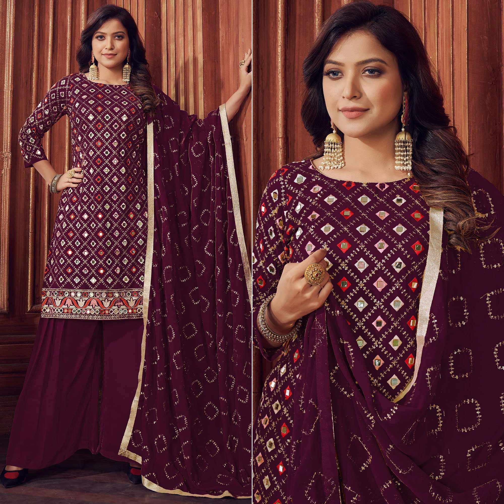 Purple Mirror & Sequence Embroidered Georgette Sharara Suit - Peachmode