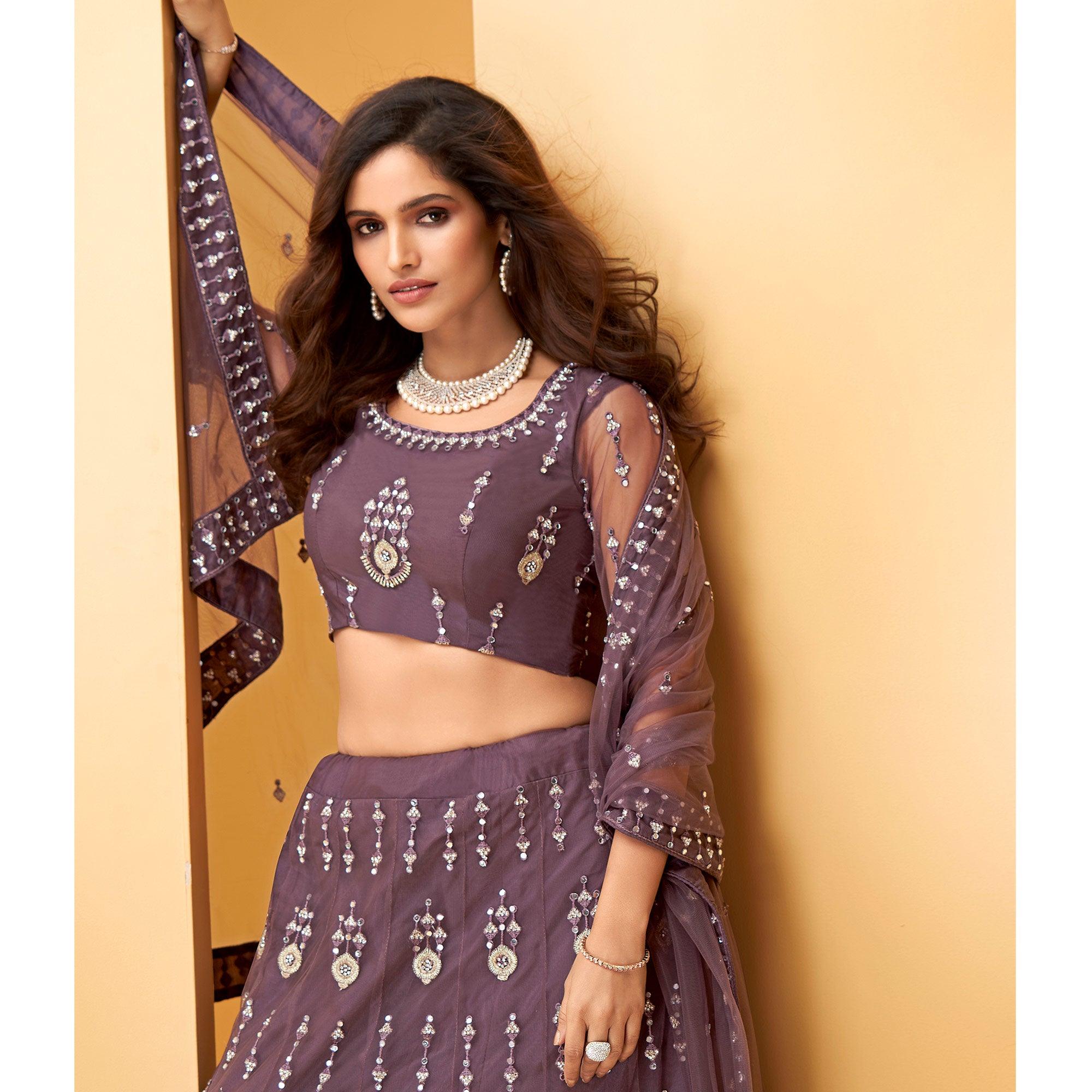 Purple Party Wear Embroidered-Embellished Netted Lehenga Choli - Peachmode