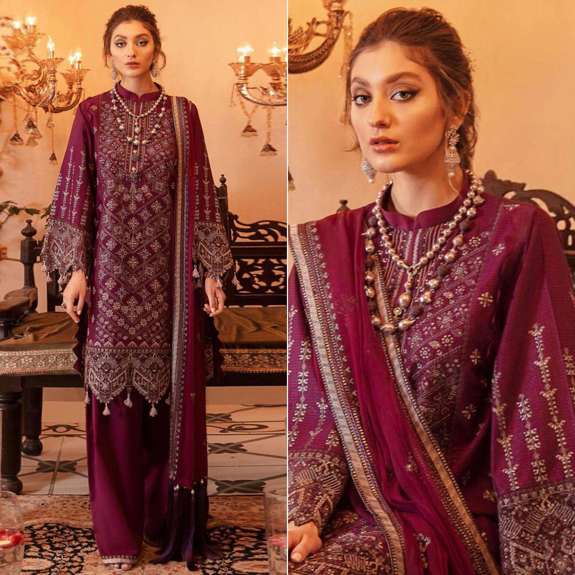 Purple Party Wear Embroidered Georgette Pakistani Suit - Peachmode