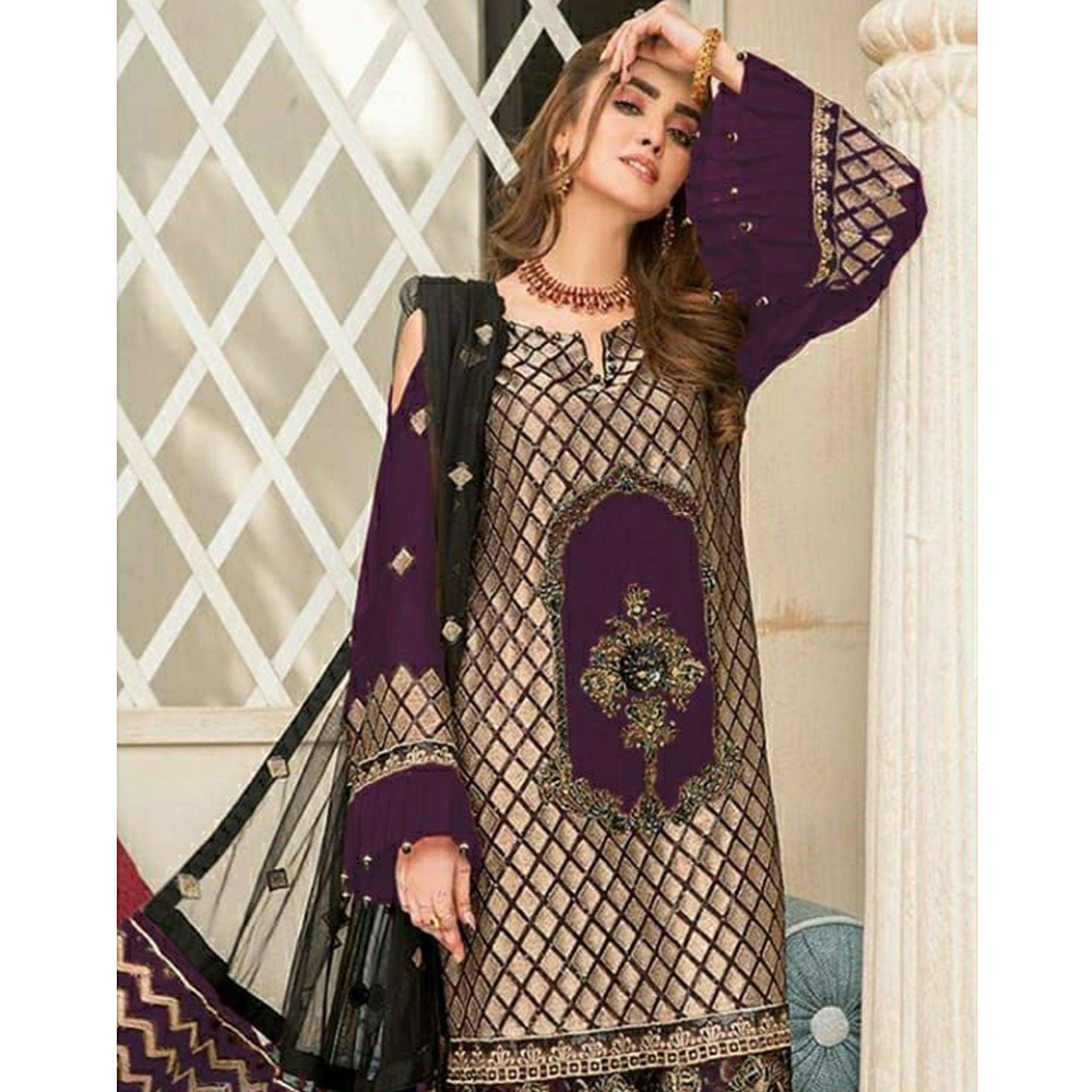 Purple Party Wear Embroidered Georgette Pakistani Suit - Peachmode