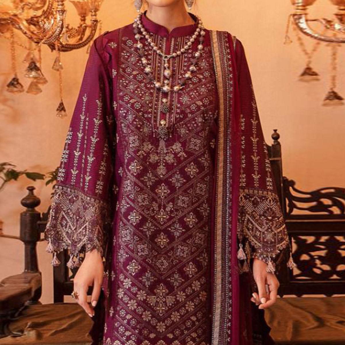 Purple Party Wear Embroidered Georgette Pakistani Suit - Peachmode